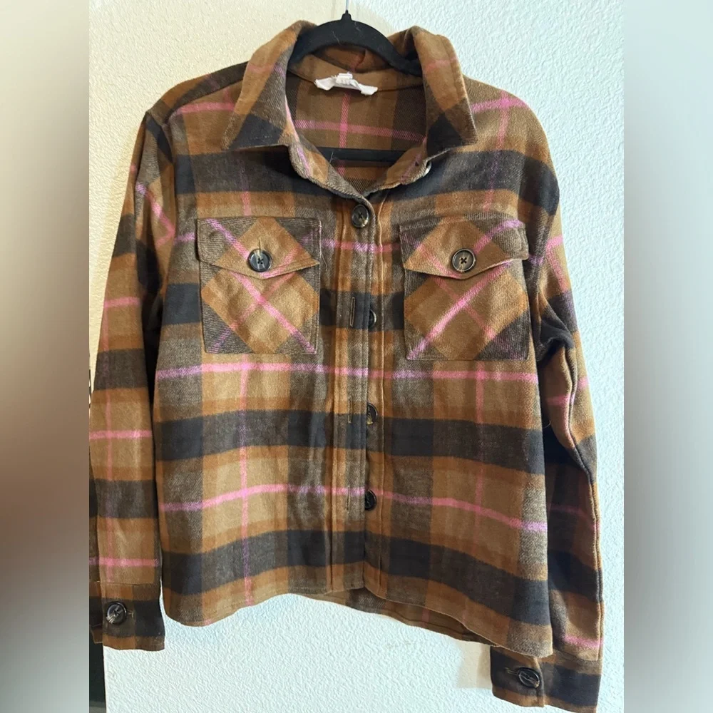 BB Dakota by Steve Madden Tan and Pink Plaid Utility Jacket - Picture 5 of 6